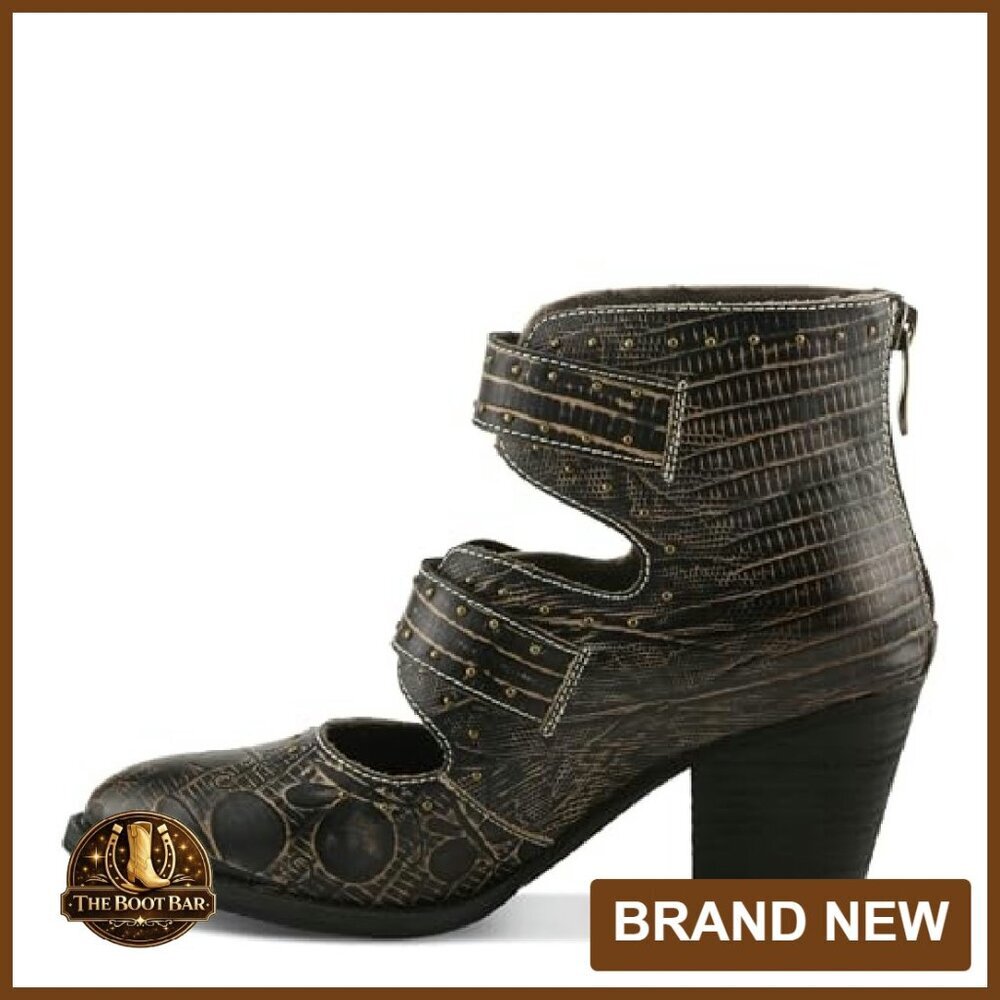 Leather Ankle Boots Cutout Design Block Heel Western Style - Picture 4 of 8